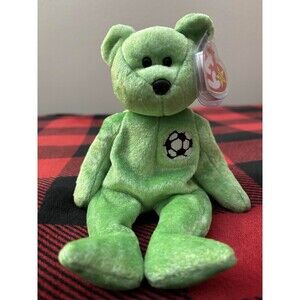 1999 Ty Kicks the Bear 4229 Beanie Baby 8.5" Green Plush Toy Stuffed Animal